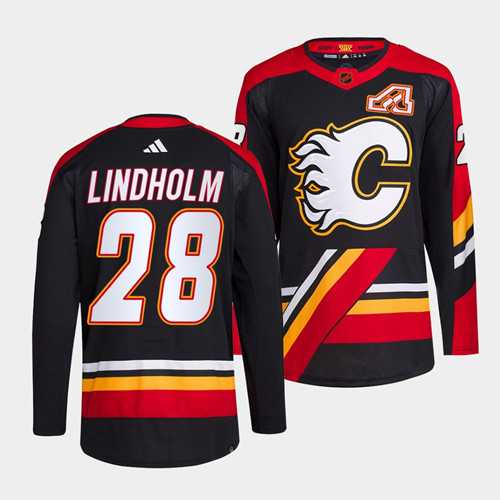 Mens Calgary Flames #28 Elias Lindholm Black 2022-23 Reverse Retro Stitched Jersey Dzhi